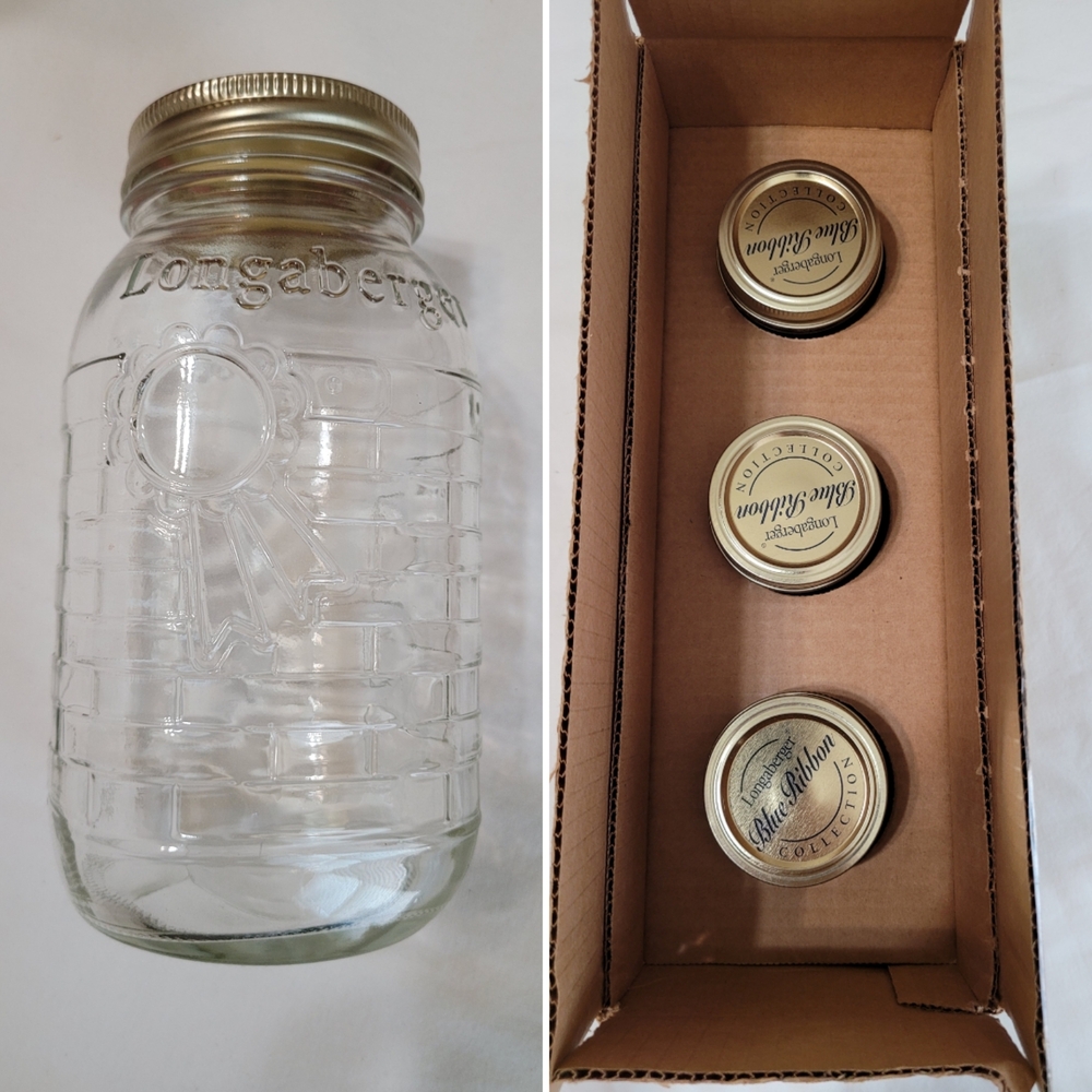 Longaberger Blue Ribbon - (3) One Quart Canning Jar Set (96107), New in Box
